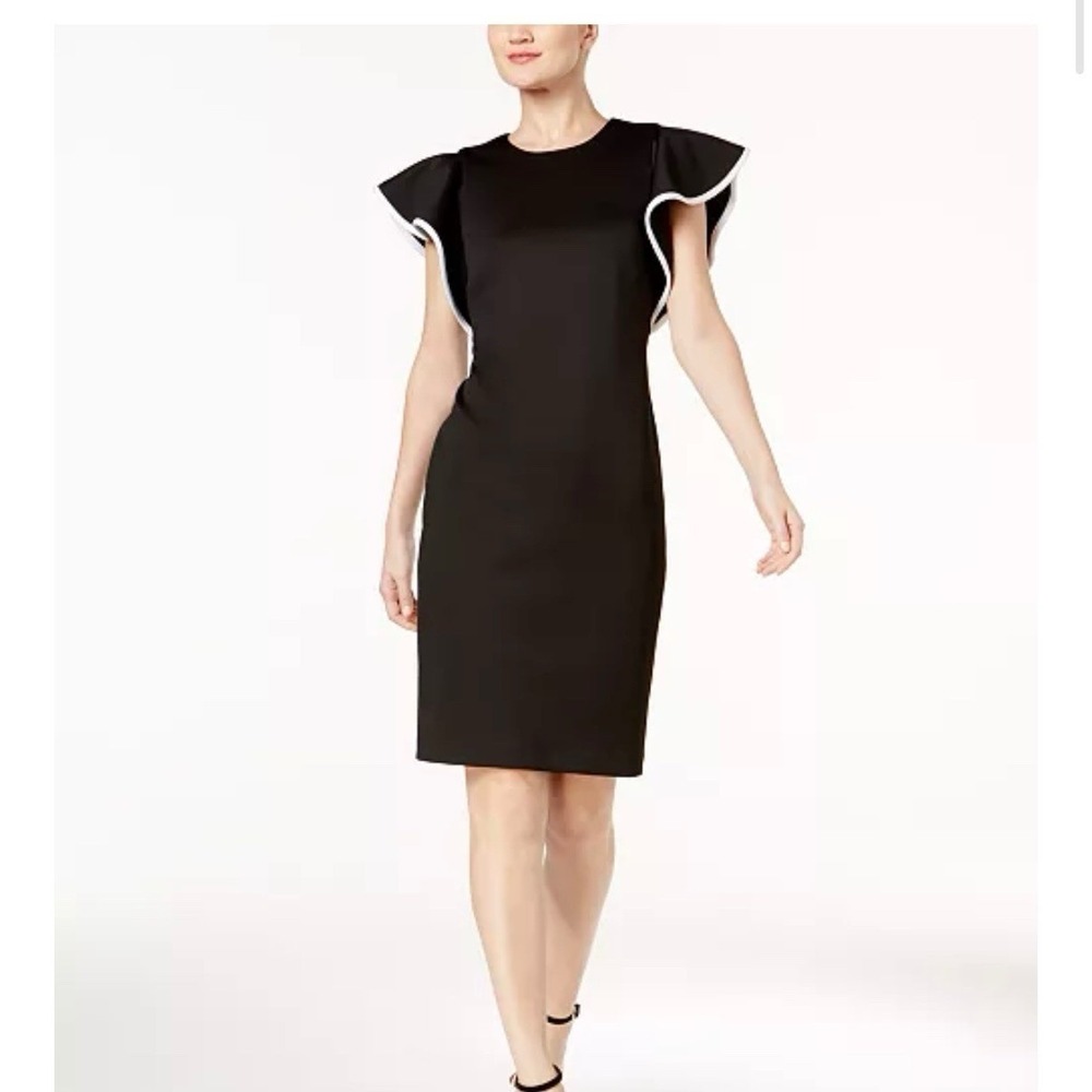 Calvin Klein Black White Piped Ruffle Stretch Scuba Knit Sheath Dress‎ Size 12